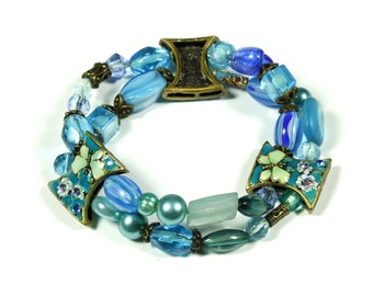 Fancy beaded elastic bracelet 2 rows - Blue