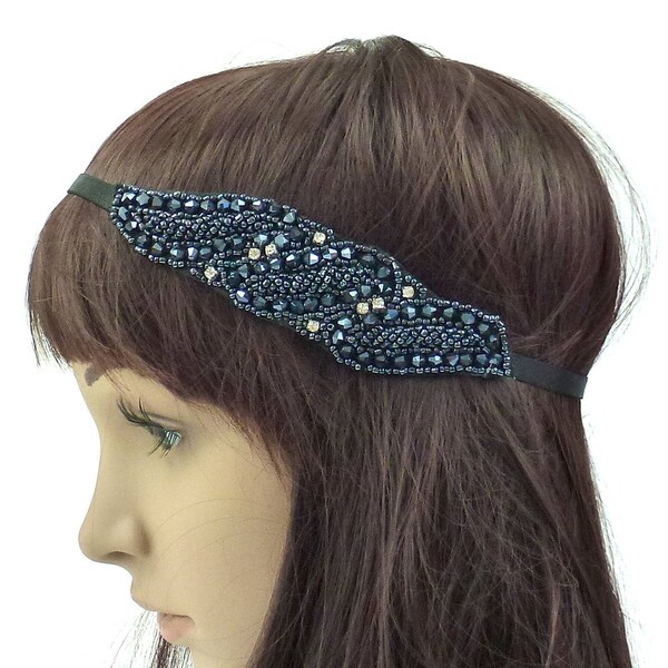 Headband bandeau perlé forme feuille couleur bleu