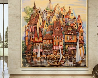 Large Prague wall art, Prague painting on canvas Prague castle Landscape Old Europe Cityscape, Original Europe Architecture wall decor
