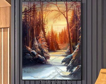 Gran pintura original de paisaje de invierno, arte de lienzo de nieve, pintura de bosque nevado, pintura de naturaleza de invierno, arte de lienzo grande, cuento de hadas de invierno