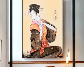 Japanese Geisha Smile Portrait, Japanese Girl in Traditional Kimono Original Painting, Smiling Asian Woman