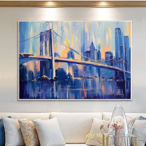 Large Urban Abstract painting, Blue Landscape Abstract Painting, New York City Landscape painting, City art painting print, Large wall art