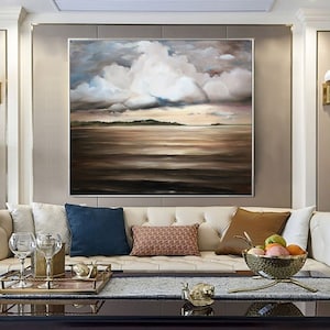 Large Beige & Grey Cloud Painting: Abstract Landscape Art on Canvas
