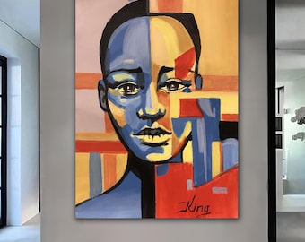Modern Face Abstract Art Colorful Portrait Painting, Original Contemporary Artwork
