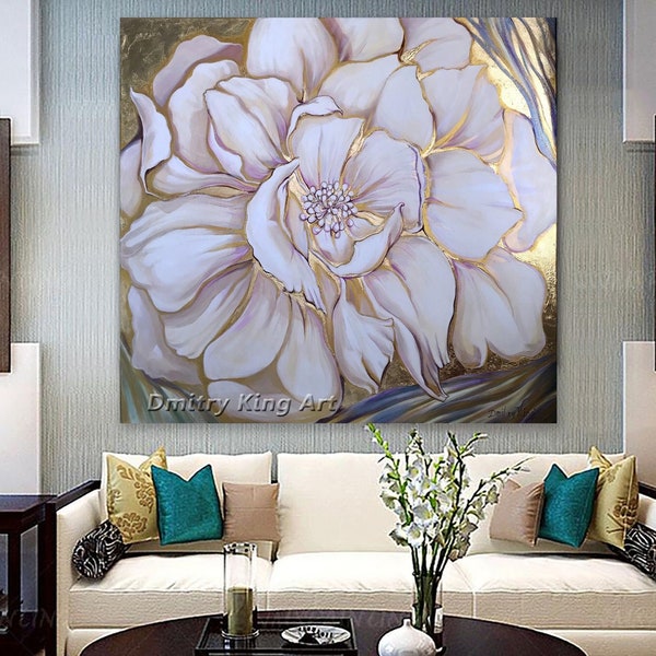 Art mural grande fleur blanche, Art floral acrylique, Peinture florale abstraite, Peinture à la feuille d'or, Peinture texturée, Art luxueux, Décoration d'intérieur