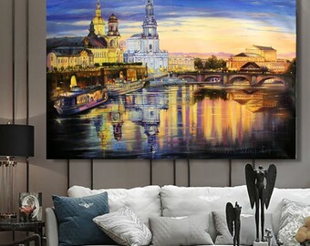 Original Dresden Cityscape Oil Painting: Evening River Lights, Navy Blue Canvas Art Architectural Landscape
