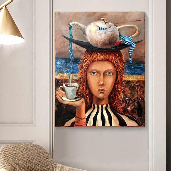 Surreal Painting on Canvas Original Art, Surrealism Oil Painting Portrait of Woman Face Artwork, Woman Wall Art on Canvas