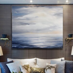 Large Ocean Abstract Painting, Blue Ocean Abstract Painting, Sea Wave Original Abstract Canvas Oil Painting, Sky Abstract Landscape Painting image 1