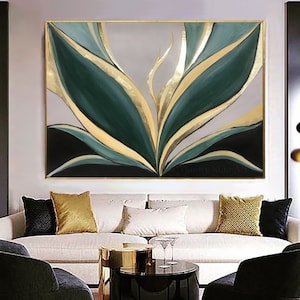 Large Original Abstract Painting, Green Painting Gold Painting, Minimalist Painting, Original Abstract Painting, Living Room Wall Art