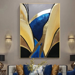 Grande oeuvre d'art abstrait or bleu texturé, peinture originale sur toile, grande oeuvre d'art murale, décoration murale dorée, peinture personnalisée, décoration de salon, cadeau