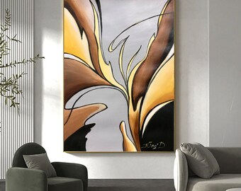 Gran cuadro abstracto orgánico en tonos marrones y grises, arte minimalista para pared de sala de estar, pintura moderna sobre lienzo.