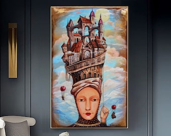 Dipinto surreale Ritratto di volto di donna, città fantastica e opera d'arte su tela originale
