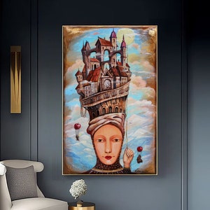 Surreal Painting on Canvas Original Art, Surrealism Oil Painting Portrait of Woman Face Artwork, Woman Wall Art on Canvas Surreal Woman City
