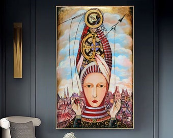Surrealismus Portrait von Frau und Zeit, Surreale Malerei auf Leinwand, Original Kunstwerk