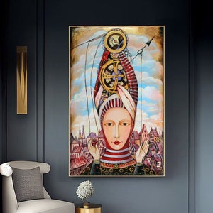 Surreal Painting on Canvas Original Art, Surrealism Oil Painting Portrait of Woman Face Artwork, Woman Wall Art on Canvas Surreal Woman Time