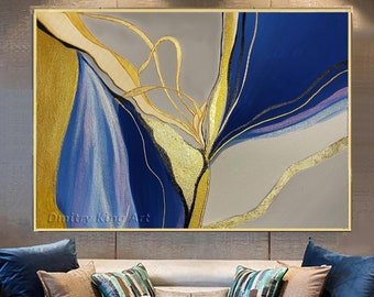 Extra Large Blue Gold Painting on Canvas, Blue Grey Art Original Large Abstract Painting Contemporary Art Modern Oil Painting Large Painting