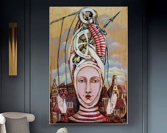 Dipinto surreale su tela, opera d'arte originale, ritratto di donna dipinta a olio surrealista, opera d'arte murale di donna su tela, tempo di donna surreale