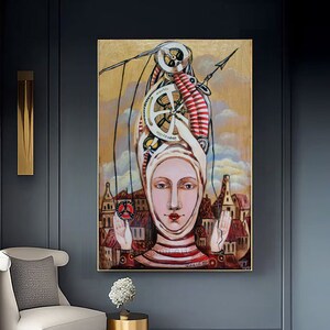 Surreal Painting on Canvas Original Art, Surrealism Oil Painting Portrait of Woman Face Artwork, Woman Wall Art on Canvas Surreal Woman Time