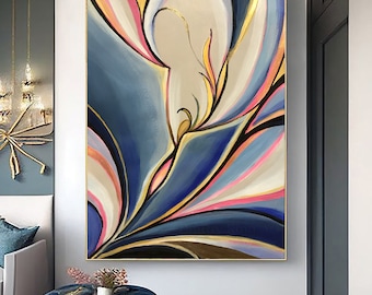 May include: Abstract painting with a gold, blue, pink, and white colour scheme. The painting features a stylised floral design with curved lines and shapes.
