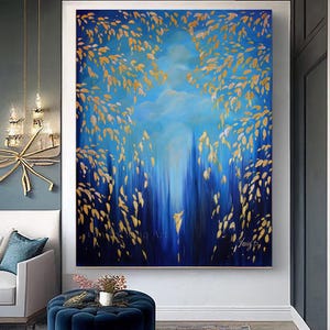 Large Angel Abstract Painting, Modern Blue Gold abstract painting Original gold leaf canvas painting, blue abstract art Large canvas art