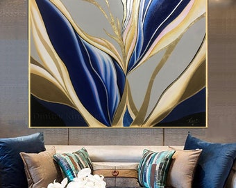Large Navy Blue and Beige Abstract Painting, Original Gold Blue Abstract art Modern Living Room wall decor