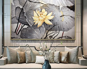 オリジナルの抽象的な蓮の花の油絵、特大の花の壁装飾40x60インチ