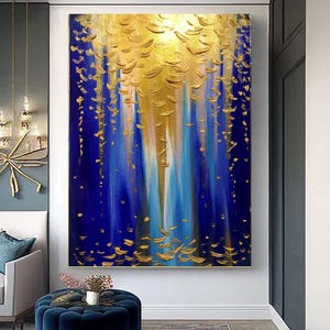 Grande peinture abstraite dorée, art acrylique bleu marine doré, art moderne feuille d&#39;or, art texturé, art mural sur toile aux couleurs vives, décoration d&#39;intérieur de luxe