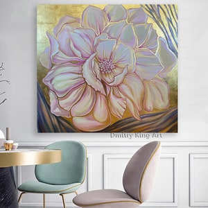 Large Rose Gold Flower Wall Art, Art Deco floral art, Floral Painting, Gold leaf painting