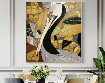 Gold Pelican bird painting Tropical leaves Botanical wall art Abstract canvas art Oversize Gold painting, Bird wall art, Gold leaf painting