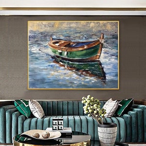 Sailboat Abstract Oil Painting Artwork, Floating Ship Art Floating In The Sea Ship Art Painting, Large Living Room Art Abstract Painting