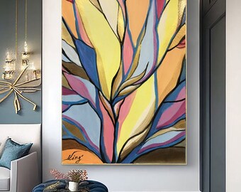 明るい抽象キャンバス絵画：カラフルなモダンアートワーク（8x8インチ