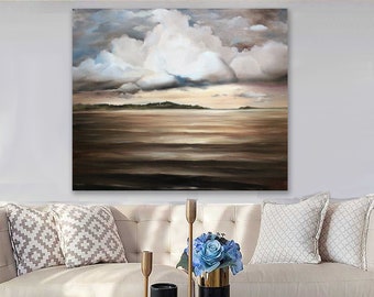 Large Beige Landscape Art Modern Painting, Neutral Landscape Abstract Calm Art Living Room