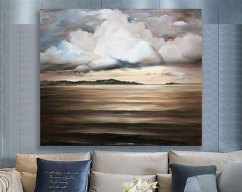 Large Grey Beige Abstract Painting,Light Blue Landscape Oil Painting, Original Abstract Painting on Canvas,Beige Cloud Abstract Art Painting