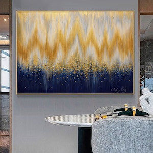 Large Abstract Blue Gold Art Painting on Canvas, Gold Abstract Painting Mountains, Navy Blue Wall Art Modern Living Room Decor Gold Painting