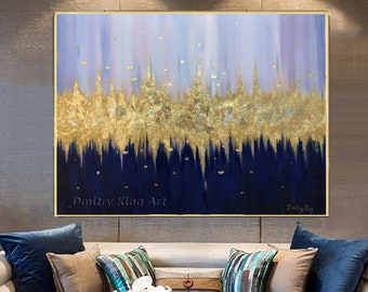 Large Abstract Gold Oil Painting, Navy Blue Gold painting, Blue Textured Painting on Canvas, Oversize painting, Original abstract canvas art