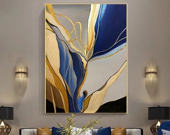 Large Abstract Painting, Original Blue Beige painting Abstract art, Minimalist Abstract painting Gold painting Large wall canvas painting