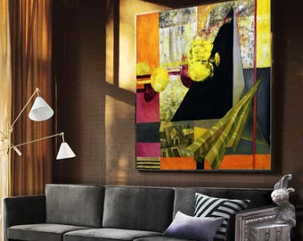 Large Original Abstract painting, Yellow Gray Painting Geometric Wall Art Modern Decor