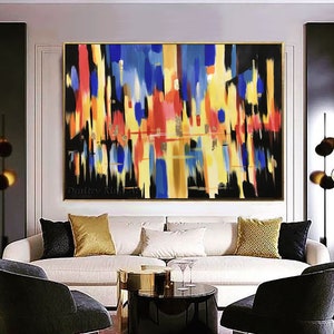 Extra Large Modern Textured Colorful Abstract Wall Art Black Yellow Abstract Painting Oversize Panoramic Oil Painting Canvas Artwork