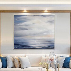 Large Ocean Abstract Painting, Blue Ocean Abstract Painting, Sea Wave Original Abstract Canvas Oil Painting, Sky Abstract Landscape Painting image 2