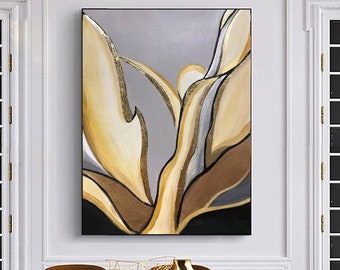 Grande dipinto astratto beige originale in foglia oro, dipinto astratto Art Déco da parete alla moda in foglia oro su tela, decorazione per la casa di lusso del soggiorno