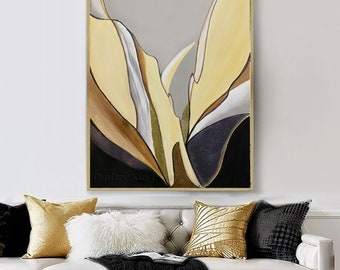 Large Abstract Gold and Black Painting, Original Textured Abstract art, Minimalist Abstract painting, Gold Beige Wall Decor, Canvas Wall Art