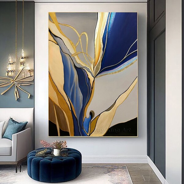 Abstract Gold Leaf Painting, Blue Gold painting Abstract art, Gold Silver Painting on Canvas Living Room Luxury Home Decor Art Deco Wall Art