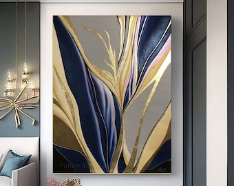 Großes Blattgoldgemälde, Original blaues Gemälde Blattgold abstrakte Kunst, abstraktes Art-Deco-Gemälde auf Leinwand, Wohnzimmer, Luxus-Wohndekoration