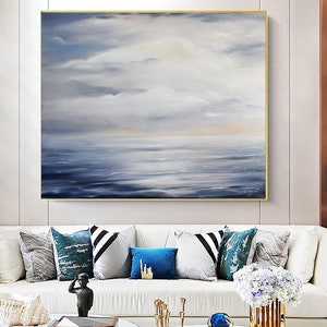 Large Ocean Abstract Painting, Blue Ocean Abstract Painting, Sea Wave Original Abstract Canvas Oil Painting, Sky Abstract Landscape Painting image 3