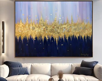 Large Abstract Gold Blue Painting, Navy Blue Art Painting, Blue Textured Painting on Canvas, Oversize painting, Original abstract canvas art