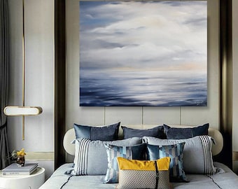Groot blauwgrijs oceaan abstract schilderij, kalmerend zeegezicht abstracte zeemuurkunst slaapkamer