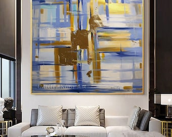 Large Abstract Modern Blue Painting, Gold Leaf Canvas Art, Blue Abstract Art Geometric Painting, Large Panoramic Art