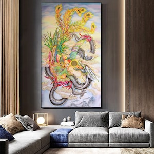 Large Dragon and Phoenix Canvas Art, Dragon wall art, Dragon art wall, Chinese dragon art, Dragon art print, Dragon decor Chinese wall art