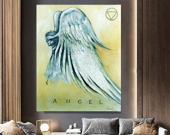 Abstract Angel Painting White Grey Gold Home Decor Gift Wall Art Guardian Angel White Angel Wings Spiritual Decor