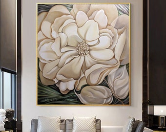 Large Beige Flower Wall Art, Original White Flower Oil Painting Large Single Flower art, Abstract Floral Painting, Textured painting